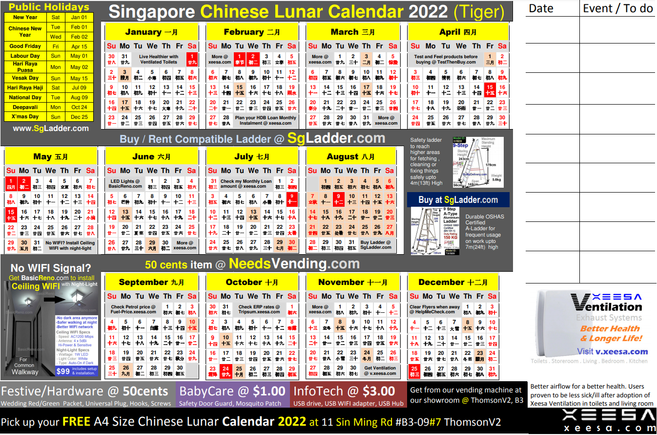 Lunar Year Calendar 2022 Chinese Calendar 2022 Singapore By Xeesa Services